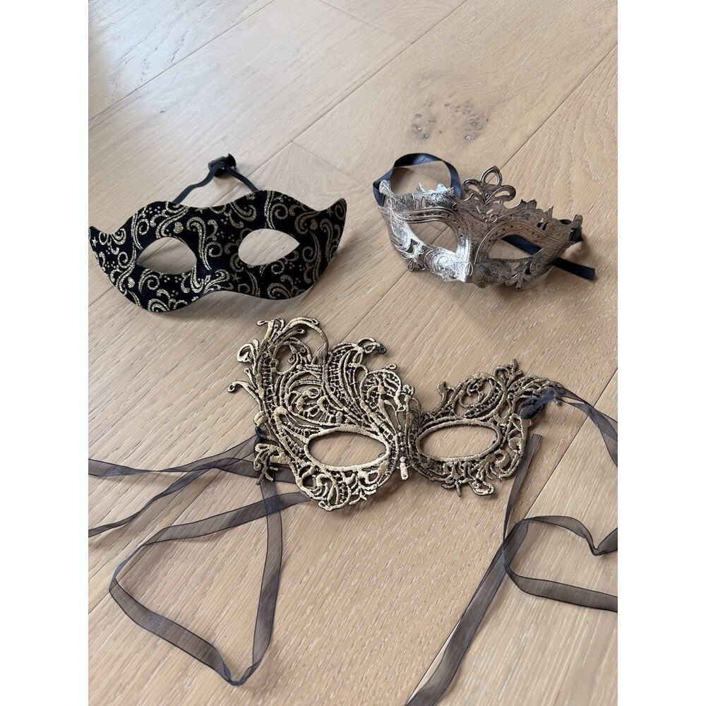 3 Black Gold Masquerade Masks Cosplay Mardi Gras Prom Dance Birthday Bundle